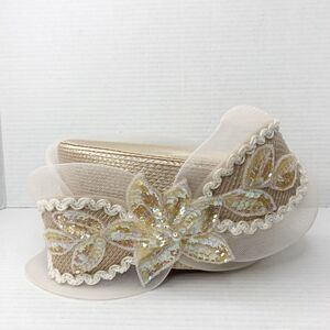 Vintage Deborah New York Beige Straw Hat with Mesh Beaded Sequin Church Wedding